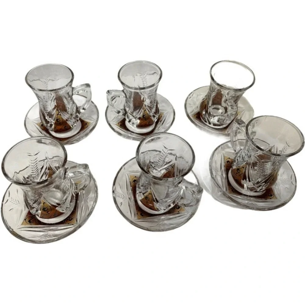 Turkish  Tea Set  Clear Amber Etched Glass 12pc Set